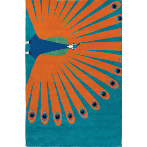 Rectangular hand tufted wool peacock area rug by COZY CARPETS with a bold orange feather pattern, turquoise background, royal blue peacock motif, and colorful contemporary design.