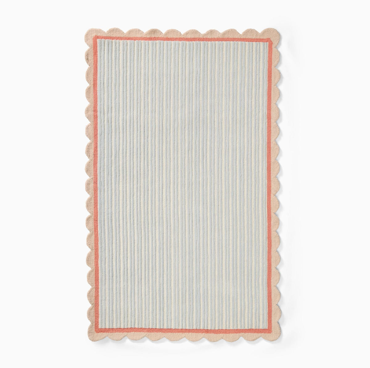 Hand-tufted wool area rug by COZY CARPETS featuring pastel blue and ivory vertical stripes, a coral pink inner border, and a scalloped beige edge on a white background.